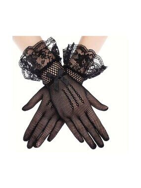 Gloves Black Fishnet Lace Trim Satin Bow Dance Gothic Carnival Role-Playing